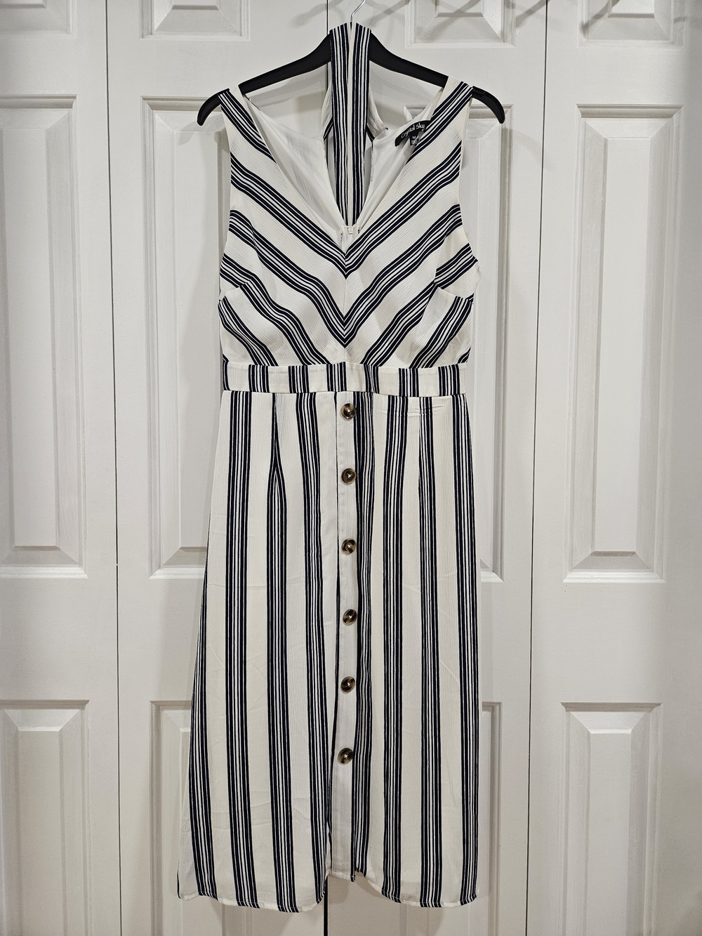 Striped Button-Front Midi Dress in White and Black